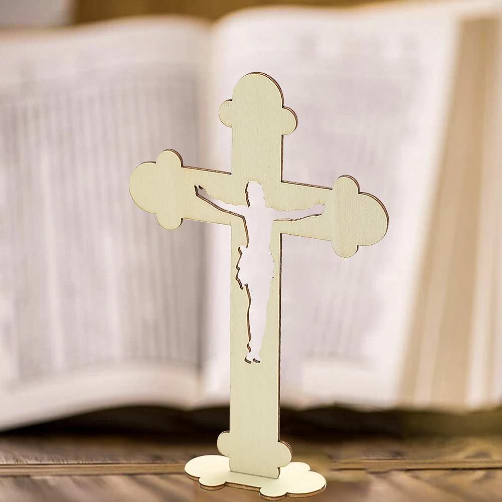 6PCS Easter Wooden Crosses Baptism Decor Catholic Rustic Standing Cross for Prayer Table First Communion Candlestick Projection