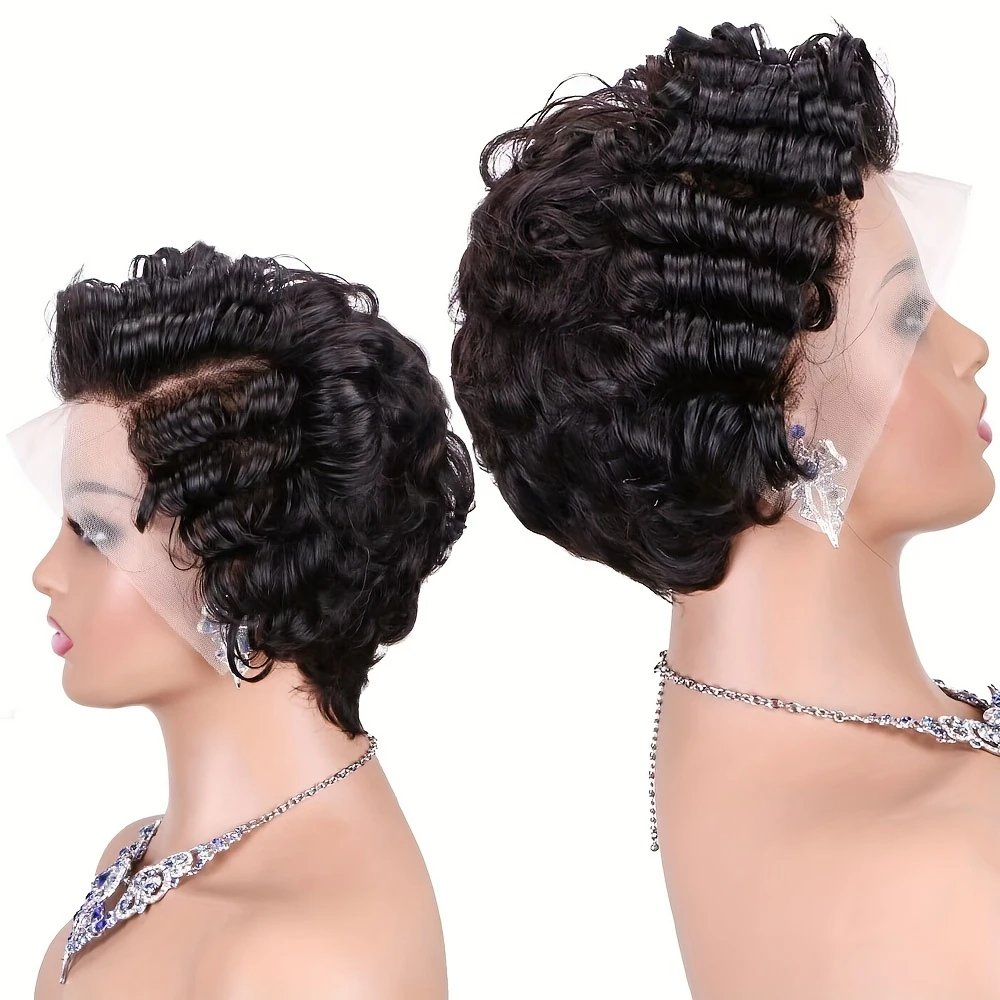 

Short Pixie Cut Wig Colored Wigs Curly Wave Wig 13x4 Transparent Lace Frontal Human Hair Wigs Remy Hair Lace Front Wigs