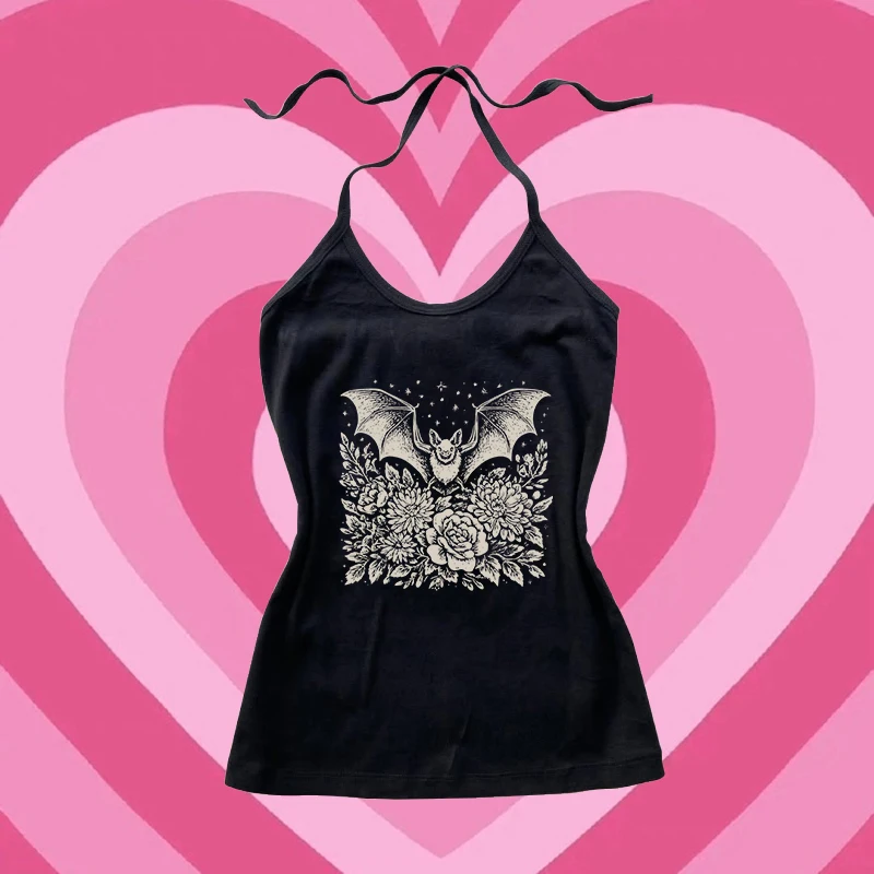 

Y2K Harajuku Эстетика Женская футболка Эстетика Готический креативный узор летучей мыши с принтом Майка Модный универсальный тонкий классический жилет