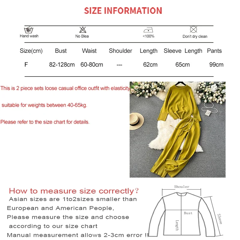 Set Autumn Winter Women Knitted Loose 2 Piece Sets Long Sleeve O-Neck Sweater and Wide Leg Pants Outfit Casual Office