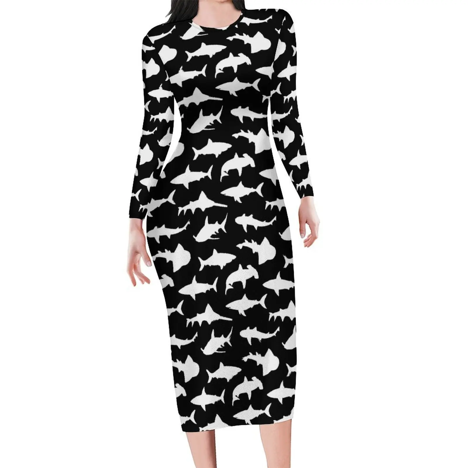 White Sharks Bodycon Dress Womens Animal Print Vintage Dresses Holiday Long Sleeve Aesthetic Graphic Dress Big Size 4XL 5XL