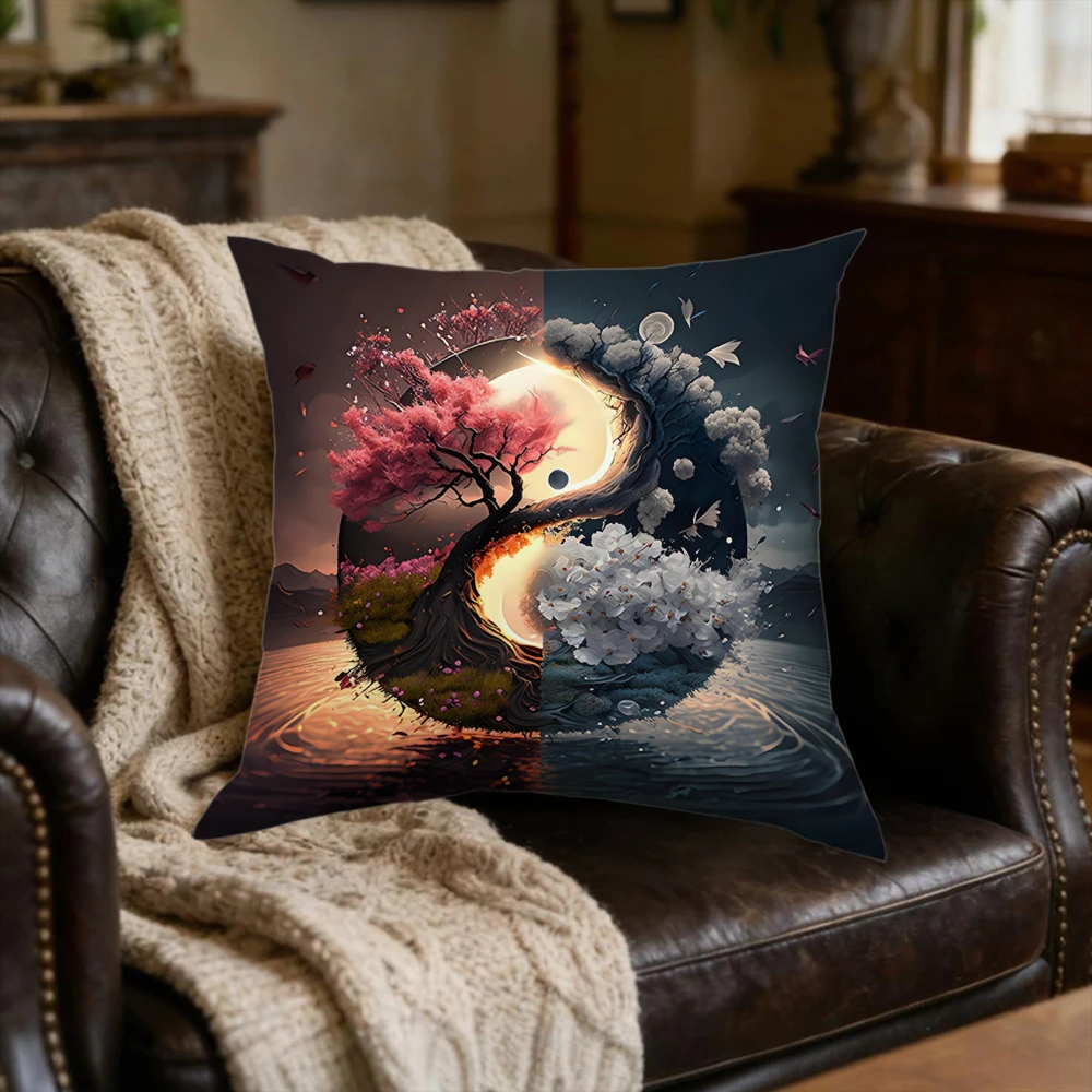1pc Yin Yang Tree Art Cushion Cover Multicolor Sakura Cherry Blossom Moon Wave Pillowcase For Sofa Bed Living Room Home Decor So
