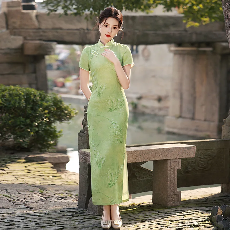 Four Seasons New Chinese Style Jiangnan Ancient Town Elegant Double Layer Slub Linen Girl Cheongsam