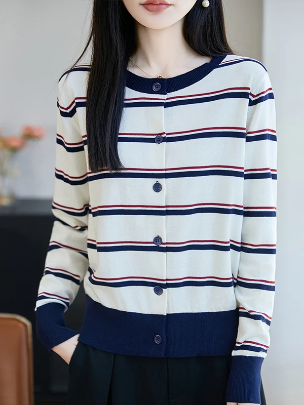 Retro Color Block Striped Pure Cotton Knitted Open Cardigan Women's Spring Autumn Long Sleeve Stylish Base Layer Sweater Jacket