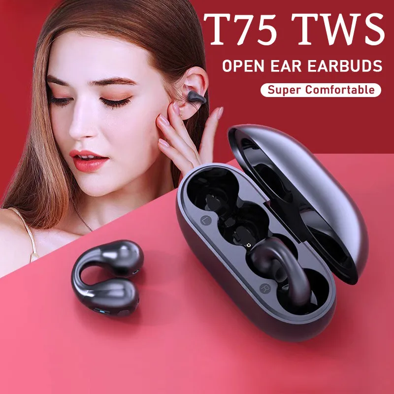 NEW Bluetooth 5.3 Wireless Bone Conduction Headphones T75 Clip Ear Music Noise Canceling Headset HD Call Sports Gaming Earphone