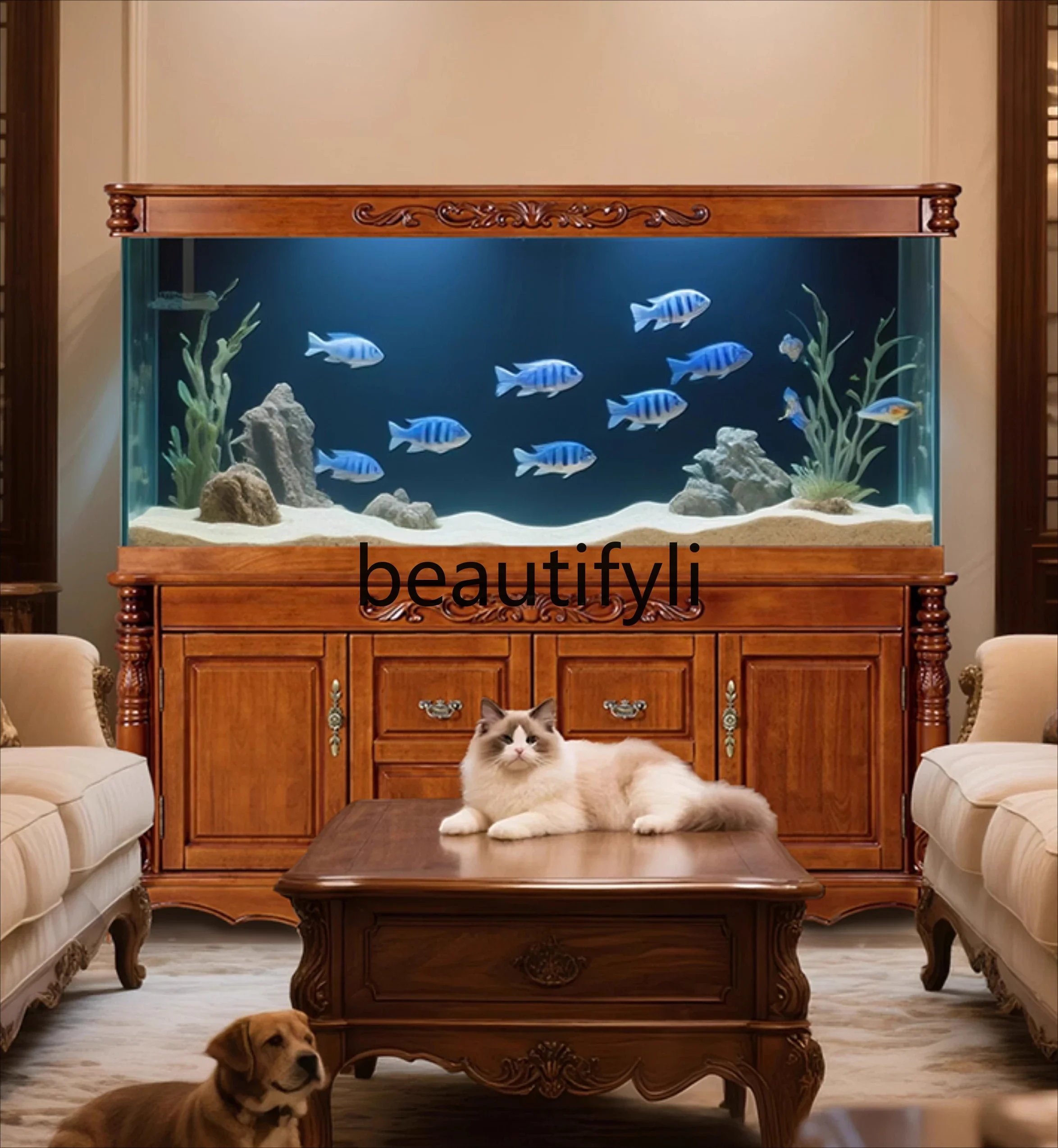 

X Fish Tank Living Room Large Screen Bottom Filter Chinese Style Solid Wood Home Office Ecological Ultra-clear Glass Fish Tank