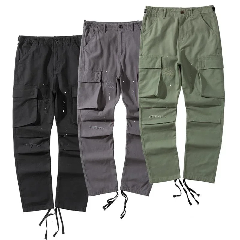 Japanese Fashion Trend Loose Military Straight MDNS Cargo Pants To Do Old Holes Splash Ink Men Madness Casual Pants