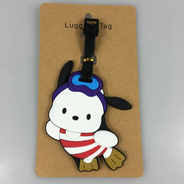 Etiqueta de equipaje Pochacco de dibujos animados, accesorios de viaje, PVC, portátil, antipérdida, dirección, nombre, Venta al por mayor