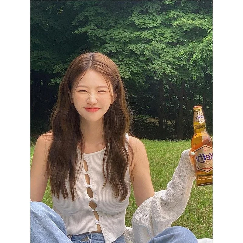 Summer 2024 Sexy American Hot Girl Hollow out Knitted Vest Women Single Button Uneven Slim Pure Color Knitted Top