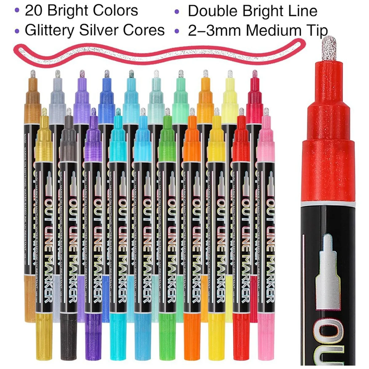 Shimmer Markers Doodle Outline Dazzles: 20 Colors Metallic Double Line Glitter Pen Set Super Squiggles Sparkle Dazzlers