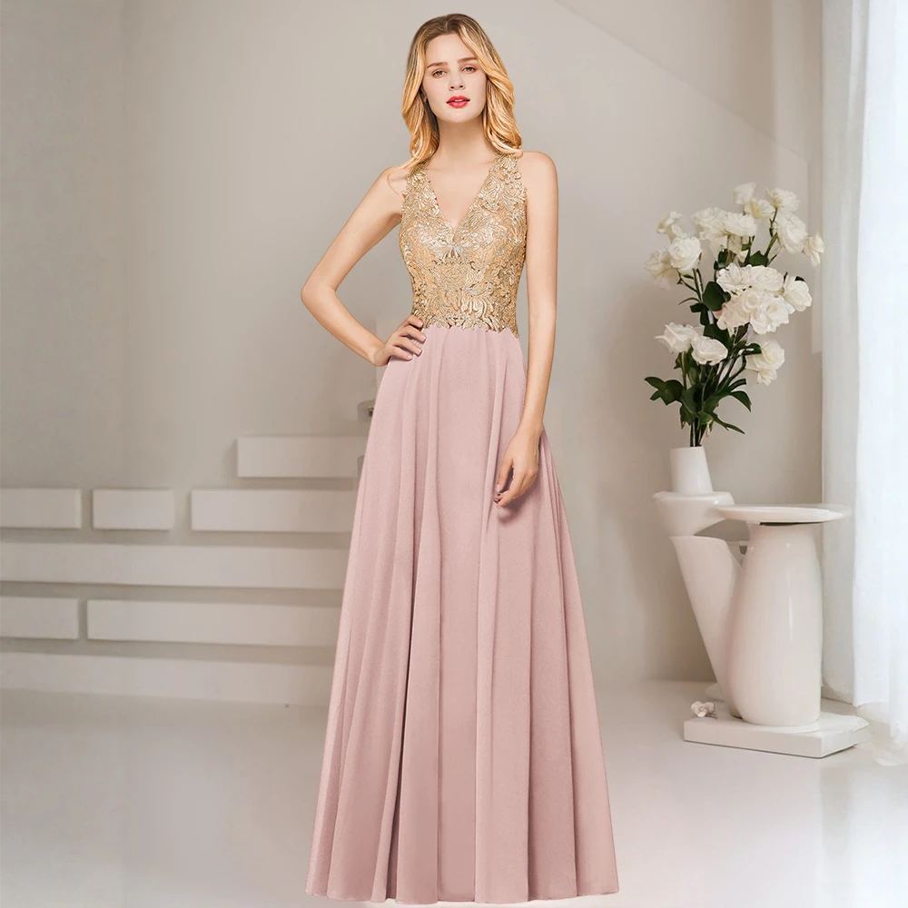 

STEPHANIE Gold Lace Halter Prom Dresses Evening Gowns with Dusty Pink A-Line Skirt, Back Zipper for Elegant Events CPS1452