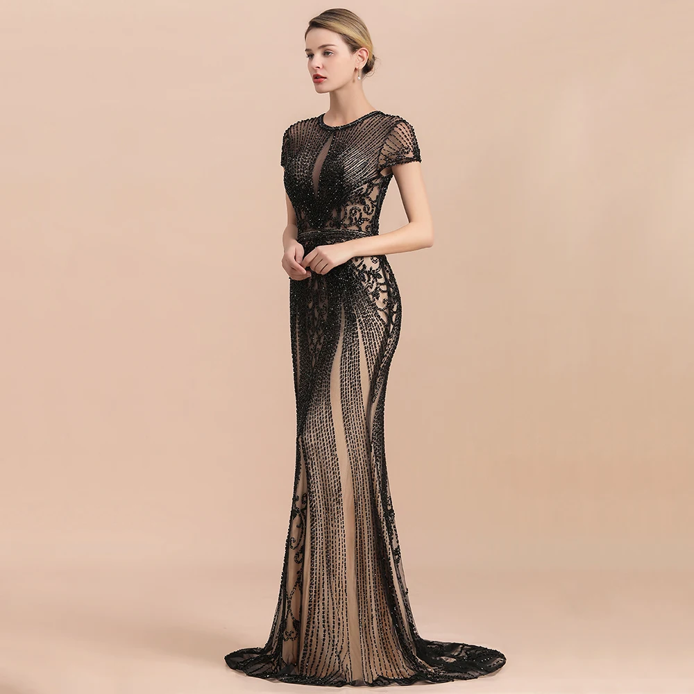 2024 Hot Luxury Beads Stones Mermaid Prom Dresses For Women Party Short Sleeves Sexy Sheer Back Evening Gowns Vestido De Festa