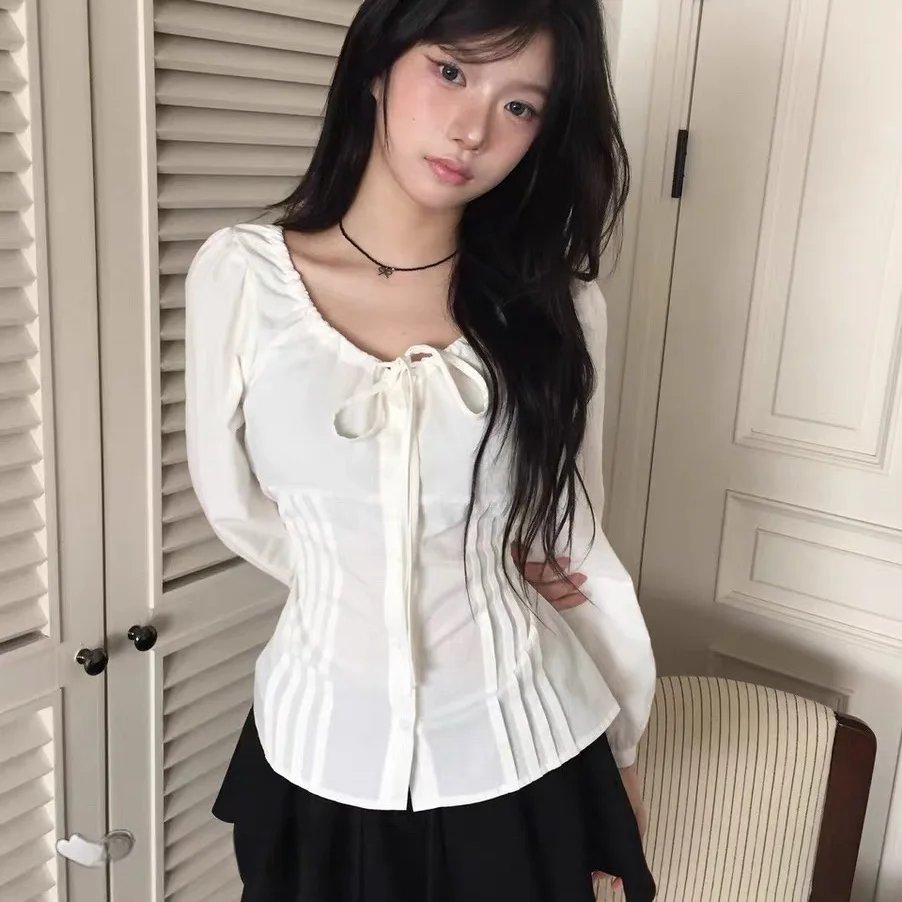 

Early Spring Women's Shirt Cotton Long Sleeve Breathable Knot Waist Design Versatile Stylish Korean Style Spring 2026 Collection
