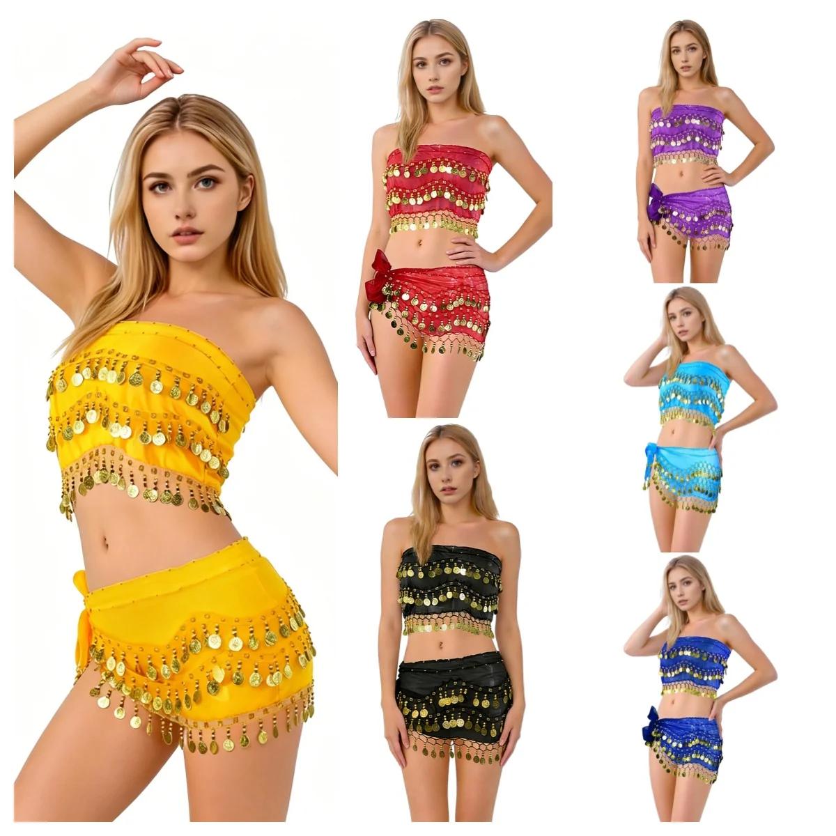 

AwwwCos Women's Belly Dance Costume 2 Piece Set Strapless Tube Top with Gold Coin Tassel Decor Bow Skirt for Party Performance