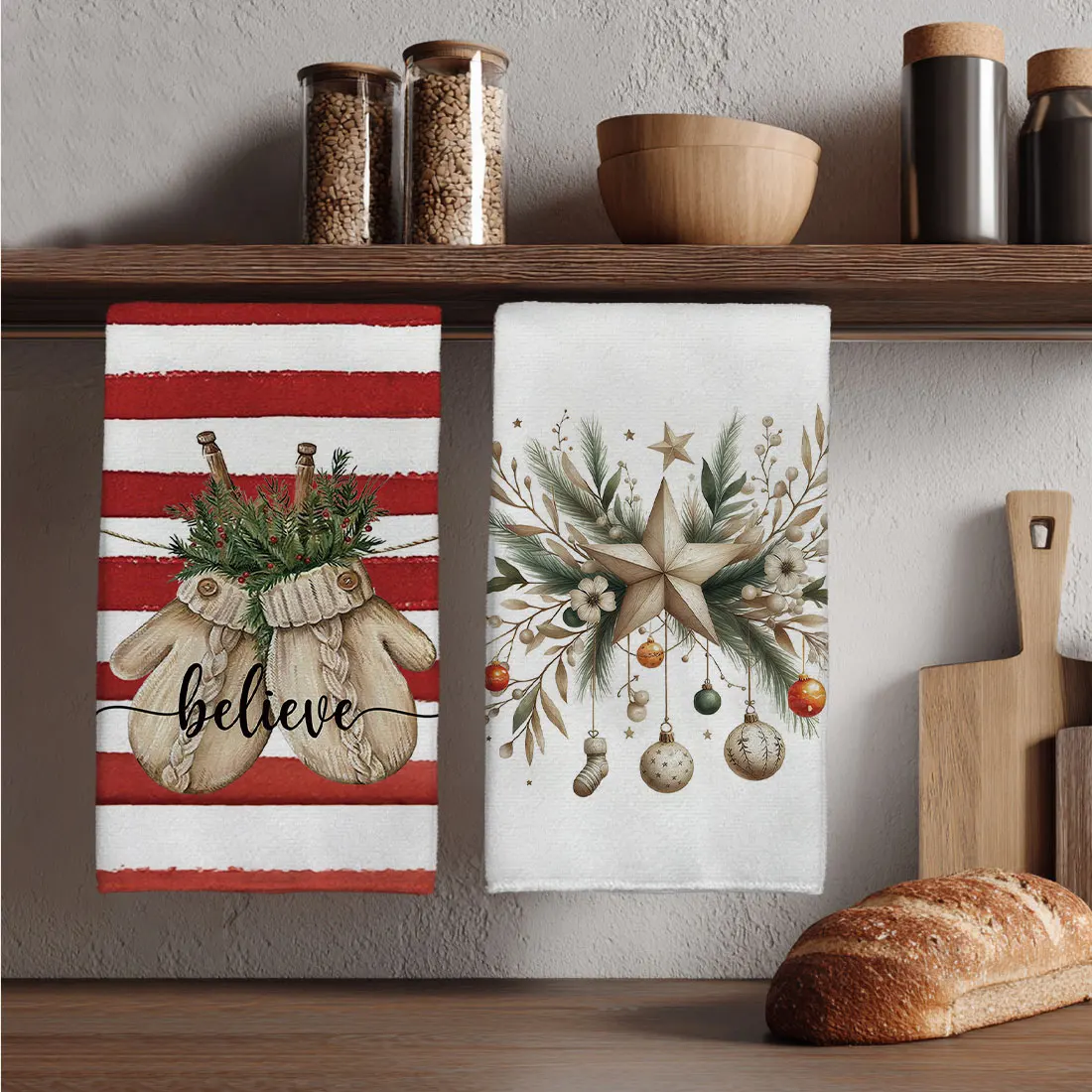 2PCS Christmas kitchen towels, red striped glove bell pattern, 40x60cm ultra-fine fiber kitchen towels, Christmas home decor
