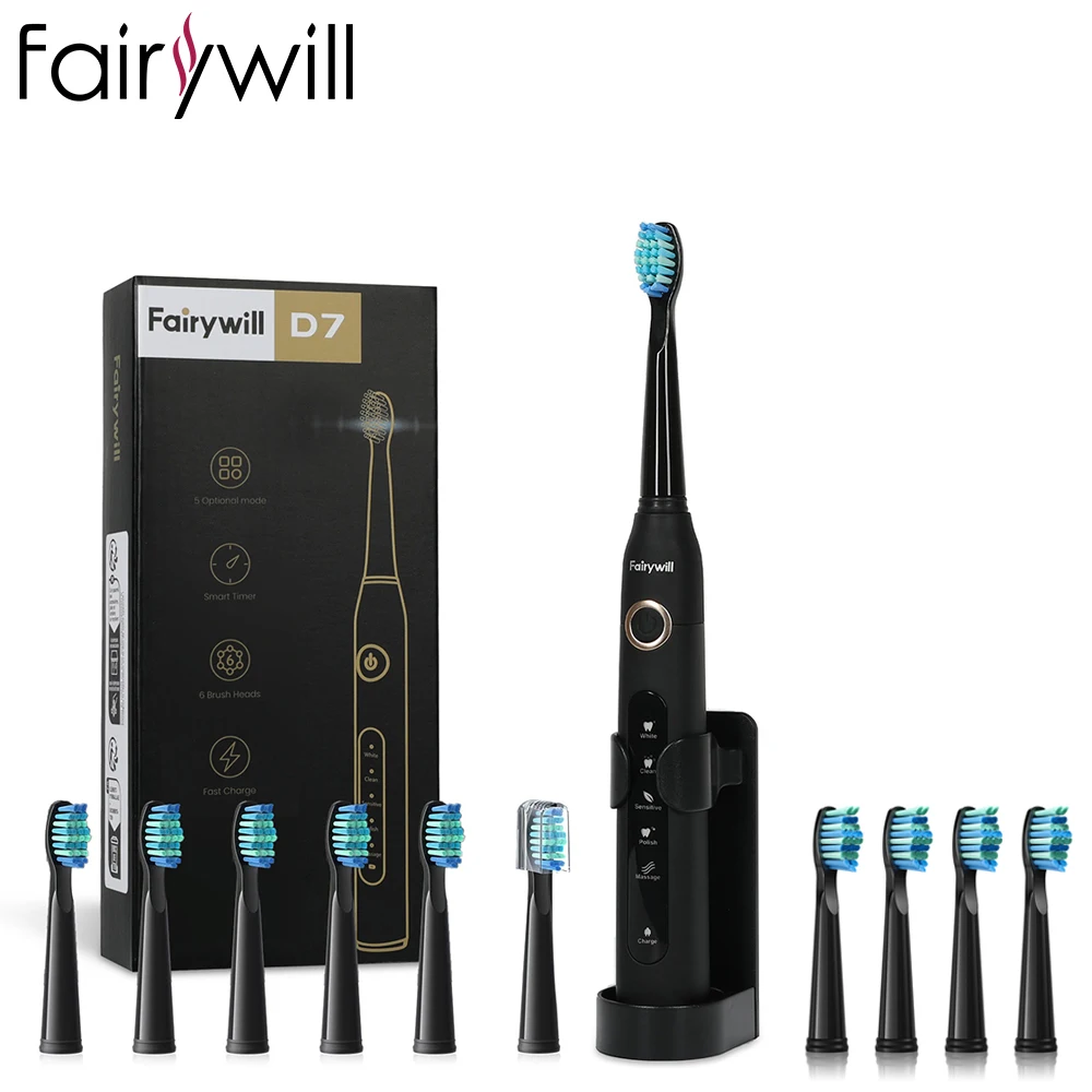 

Электрическая звуковая зубная щетка Fairywill FW-D7, перезаряжаемая от USB, водонепроницаемая электронная зубная щетка для взрослых, сменные насадки s