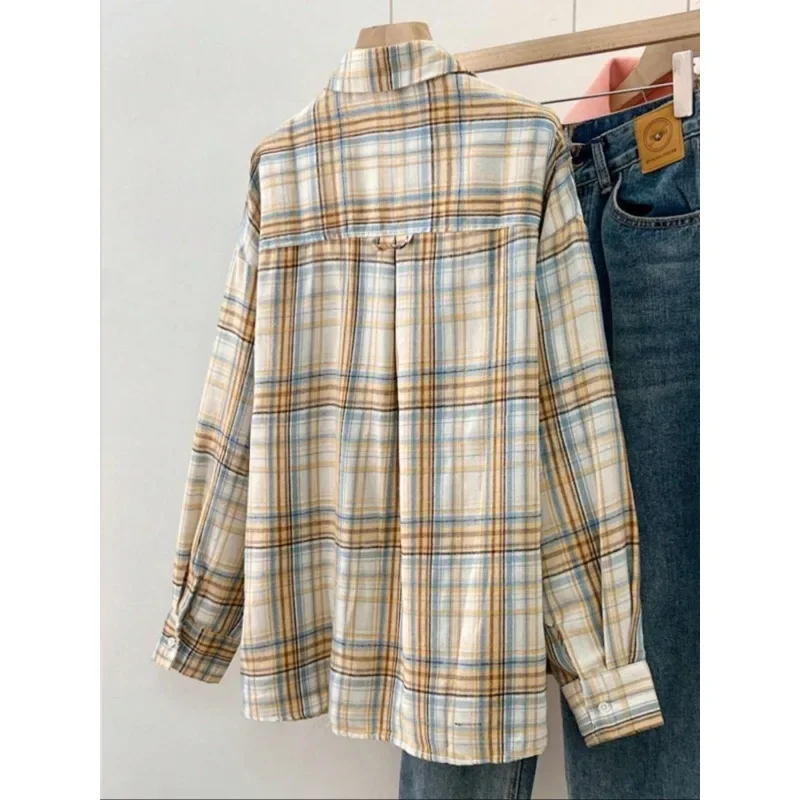 حجم كبير أزياء المرأة خمر كم طويل زر متابعة منقوشة قميص امرأة الموضة العصرية شارع العليا بلوزة فضفاضة قمم