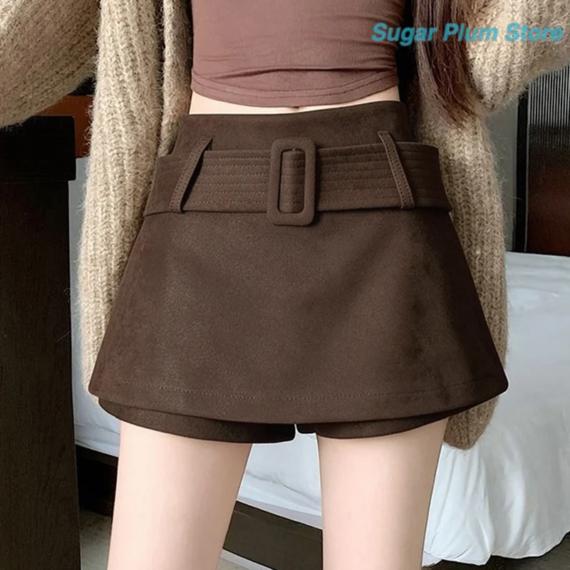 Korean Retro Female Autumn New High Waist A-shaped Belt Buckle Joker Slim Soft Campus Street Comfortable Leisure Trend Skirt.