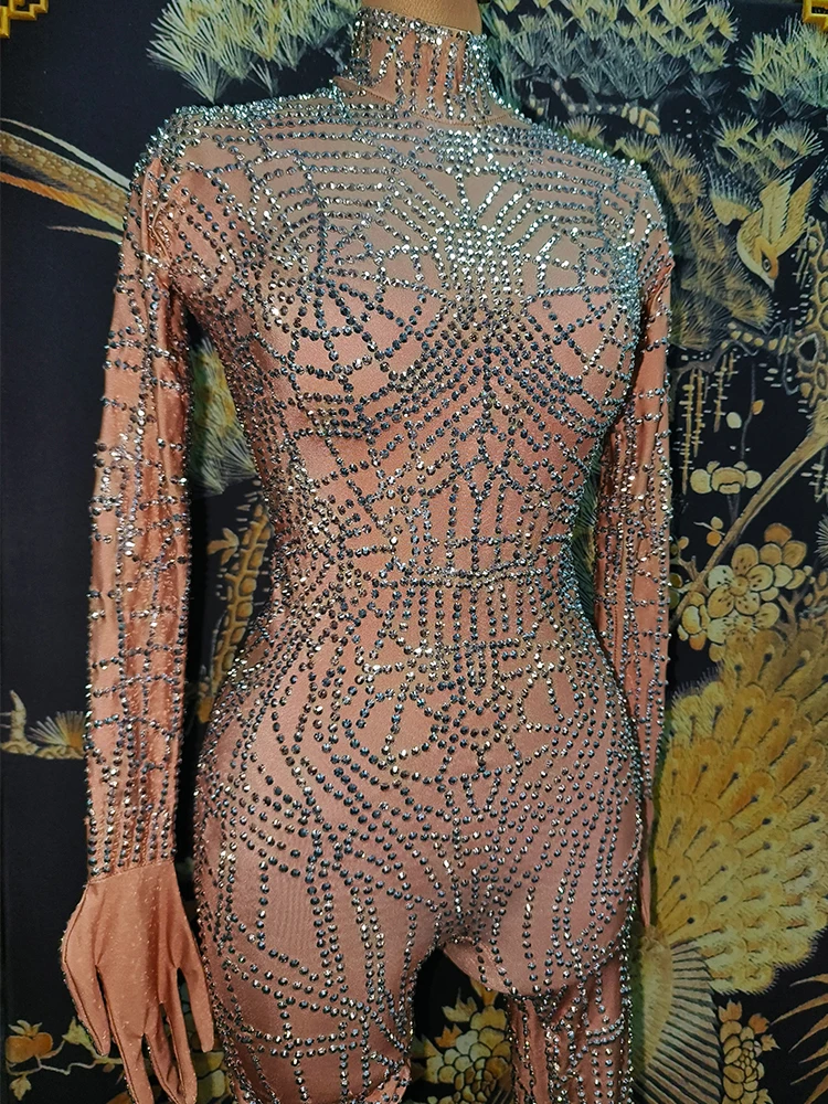 Uxury paillettes strass gants combinaison femmes Sexy Stretch danse fête chanteur scène porter anniversaire Bar Ds Drag Queen Costumes