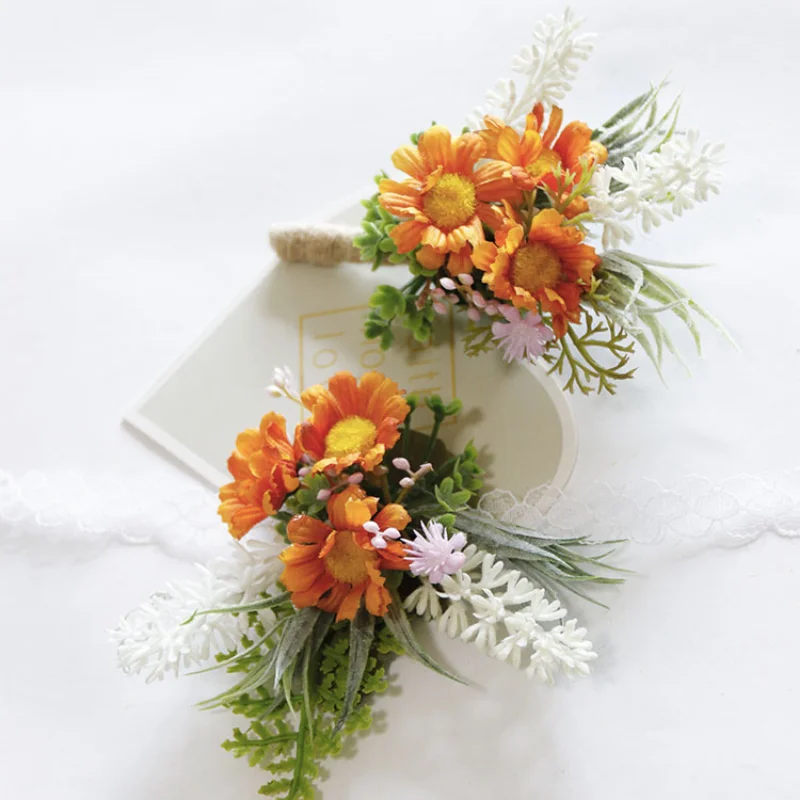 White Daisy Artifical Flowers Boutonnieres Wrist Corsage Brooch Men Witness Wedding Party Accessroies