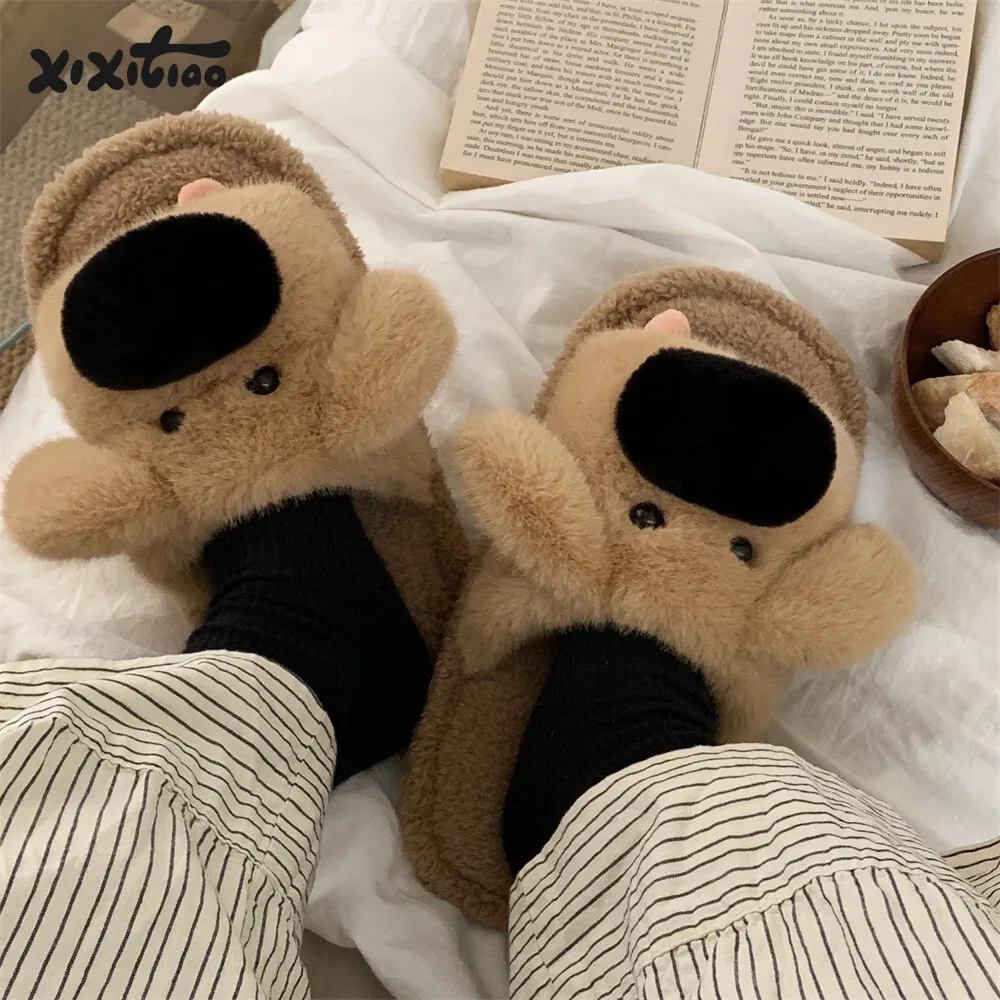 Funny Puppy Slippers Couple Cartoon Cute Dog Autumn And Winter Home Slippers For Men And Women Casual Indoor Cotton Slippers