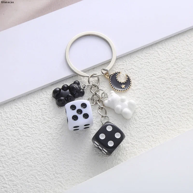 Lucky Dice Keychain Harajuku Black White Bear Crescent Keyring For Women Men Backpack Pendant Jewelry Fashion Accessories Gift