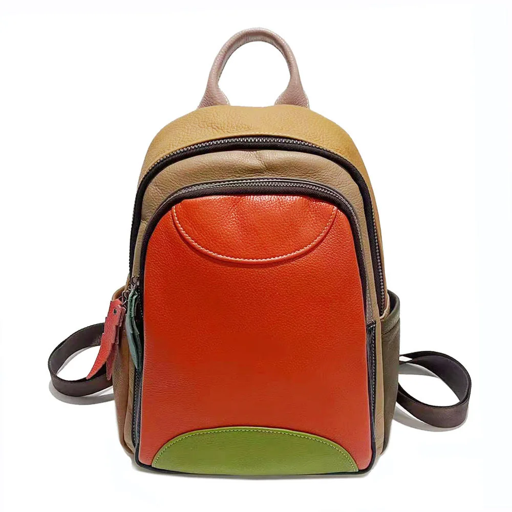 Women Color Block Leather Backpack Top Grain Cowhide Patchwork Casual Travel Daypack Western Style Lightweight Outdoor Bag