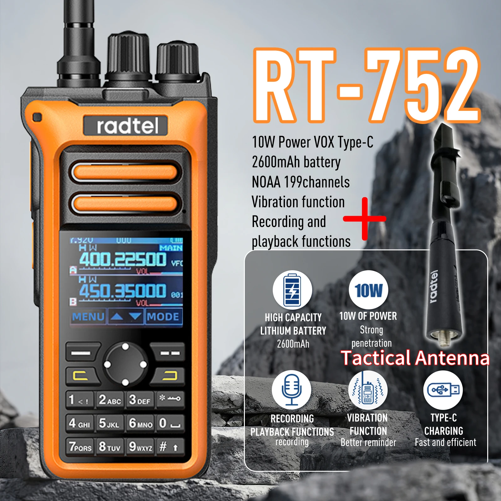 

Radtel RT-752 10 Вт Air Band Walkie Talkie Полнодиапазонная любительская любительская ветчина 199CH HT USB-C Батарея NOAA FM AM Запись Вибрация