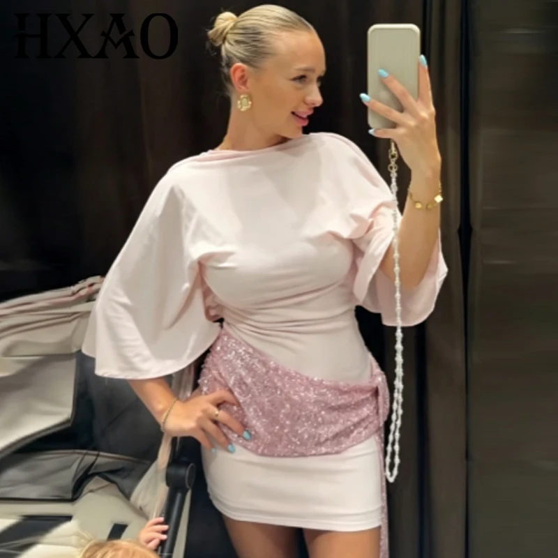 HXAO Mini-Paillettenkleid Damenkleid Rosa Schwarz Vestido Bodycon Rückenfreies Fledermausärmel-Kleid Elegante Partykleider – Detail 3