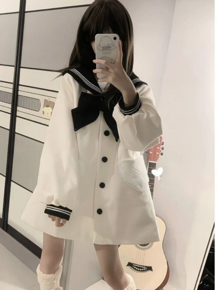 Kawaii Bow Sailor Collar Coat Women Y2k Aesthetic Single Breasted Jackets Sweet JK Lolita Trench Blends Coats Femme Autumn 2024