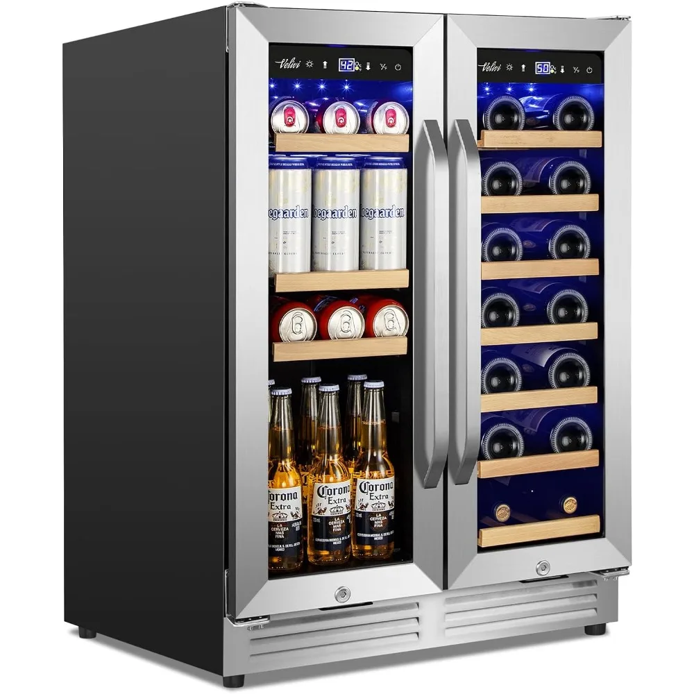 Wine and Beverage Refrigerator Under Counter, 24 Inch Beverage Fridge Dual Zone with Glass Door, Freestanding