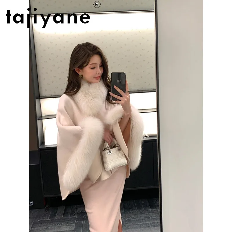 TAJIYANE 100% Sheep Wool Coat Women Fox Fur Coat Jacket Winter Coats for Women Tops Short Cape Coat Batwing Sleeve Дубленка