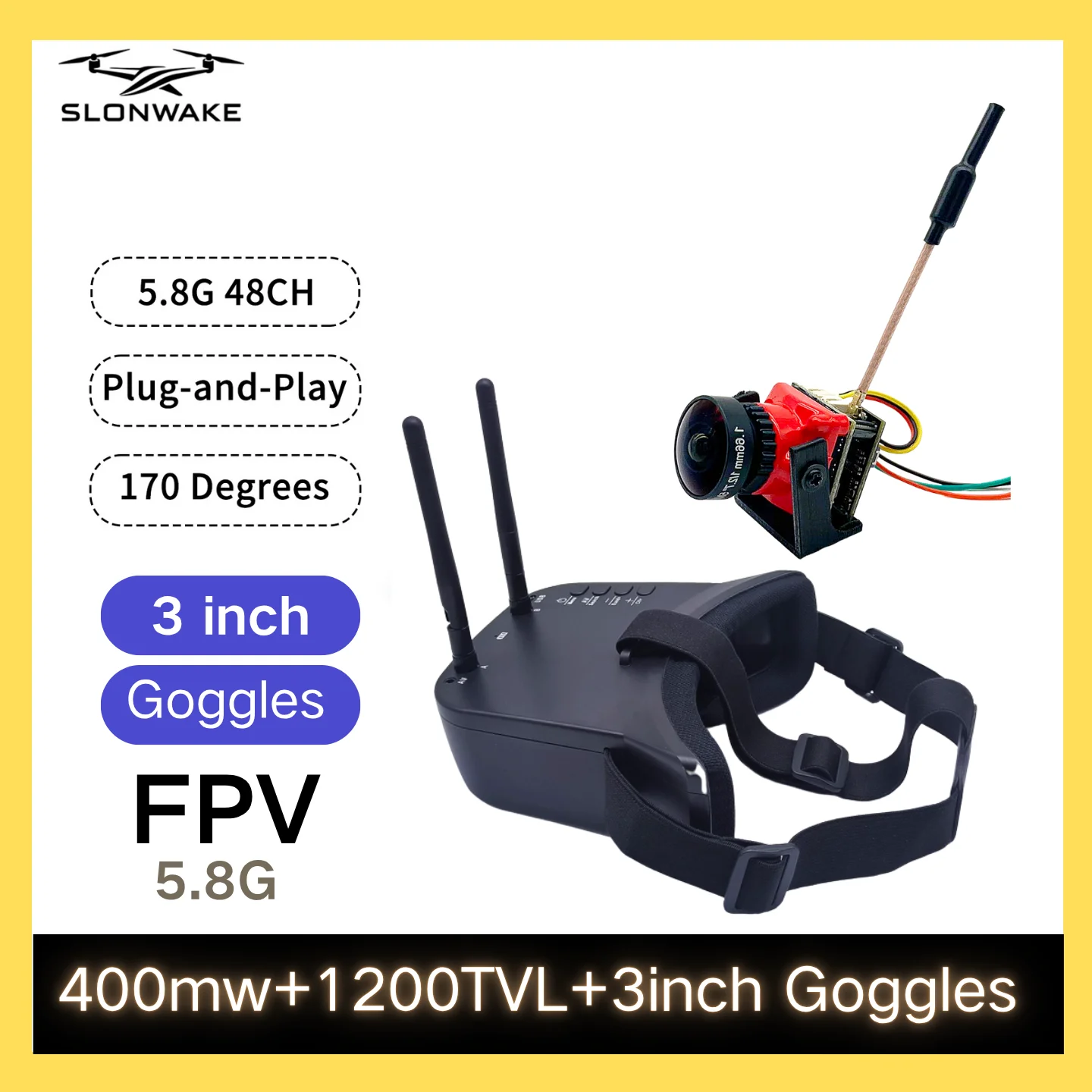 SLONWAKE 5.8G 48CH FPV 400mW VTX z kamerą 1200TVL i 3-calowym monitorem do dronów wyścigowych, samochodów RC, modeli samolotów, dronów o stałym skrzydle, akcesoria