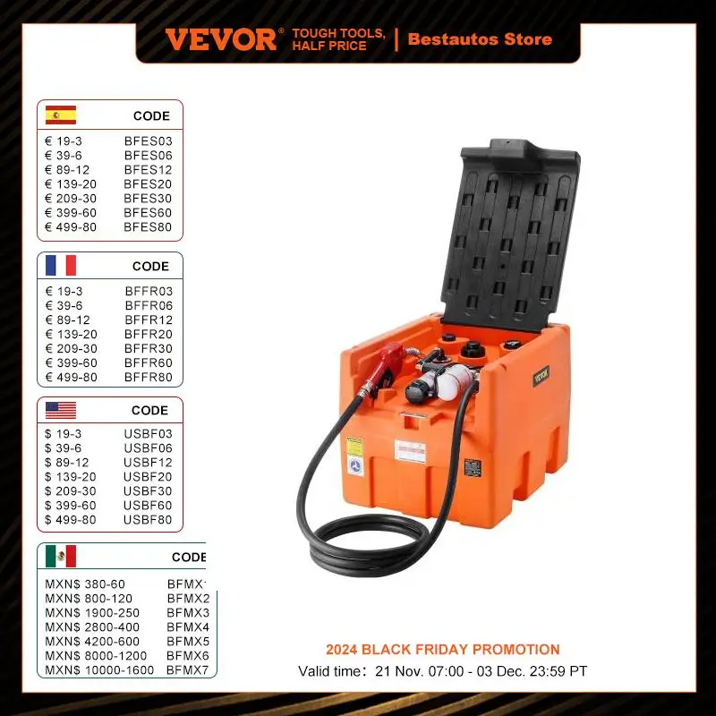 VEVOR 48Gal Portable Diesel Tank 10.6GPM Flow Rate Fuel Tank with 12V Electric Transfer Pump 13.1 ft Hose for Oil Transportation