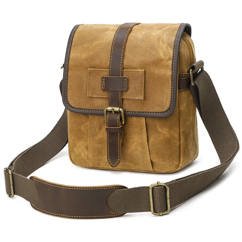 

Men's Casual Use Waxed Canvas Crossbody Bag with Brown Leather Trim and Buckle Closure Adjustable Strap Single Shoulder Purse
