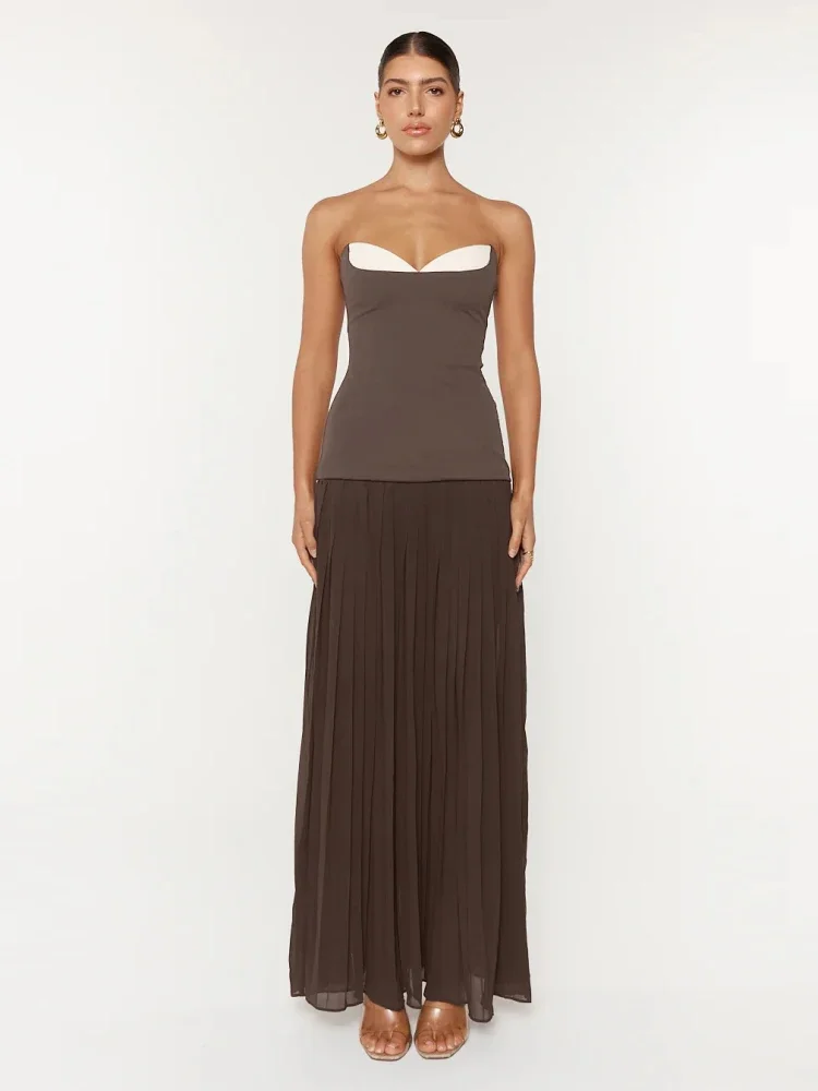 

2025 Sexy Strapless Patchwork Pleated Long Dress Women Brown Sleeveless Backless A-line Dresses Evening Party Club Gowns