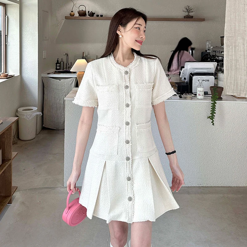 Retro Temperament Small Fragrance Dress Female 2024 Korean Chic Summer Slim Waist O-neck Dresses High Waist Slim Robe Women