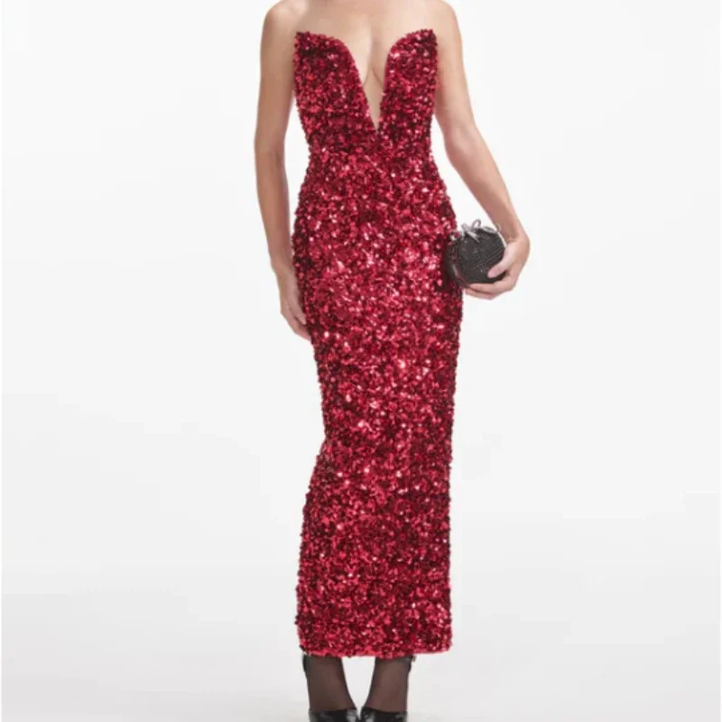 Red Diamonds Pressed Suquined Maxi Dress 2024 New for Women