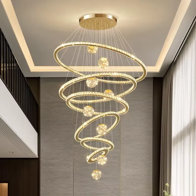 for Custom Hotel Big Ring Chandelier High Ceiling Luxury Hanging LED Stairs Round Modern Crystal Light