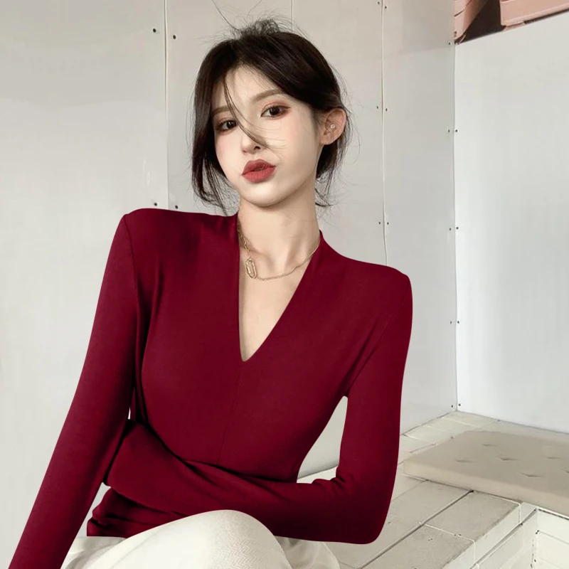 Senhoras longo sve v-ne veludo camiseta camada base quente simples sle commute faion inverno nova chegada interior wear topo