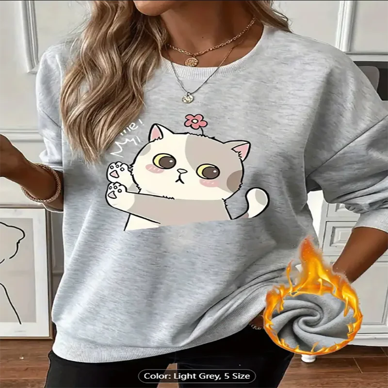 Women's Light Grey Sweatshirt  Cute Cat Graphic Print Fleece Lined Casual Oversized Pullover Top for Cat Lovers