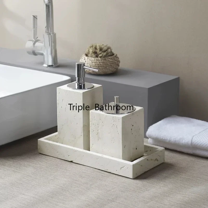 

Beige Travertine Bathroom Toiletries Ture Natural Stone Soap Dispenser Toothbrush Holder Tray Tissue Box Bathroom Accessories