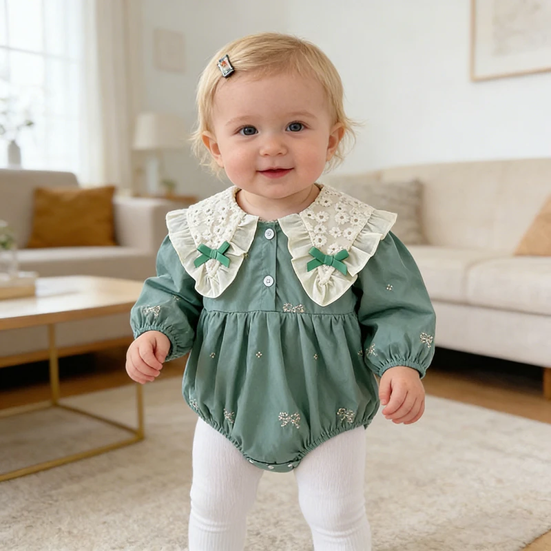 2026 neue Frühjahr 0-24 M Baby Mädchen Party Revers Strampler Lange Ärmeln Stickerei Babyspielanzug Kind Bogen prinzessin Kinder Kleidung