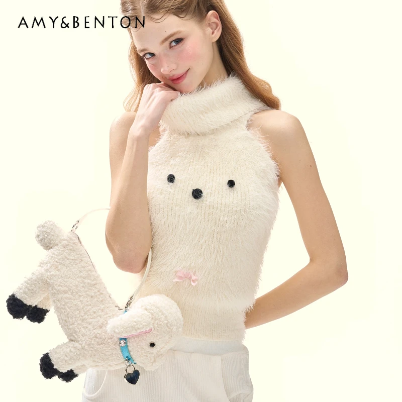 

2025 Autumn Winter New White Fluffy Knitted Sleeveless High Neck Women's Vest Sweater French Design A-line Skirs Sets Ladies