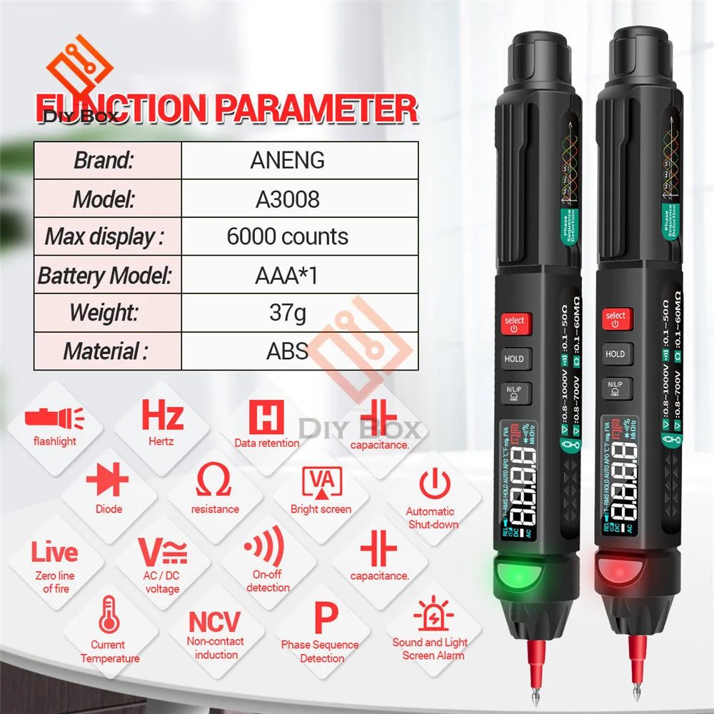 A3008 Pen Multimeter 6000 Counts Digital Multimeter Meter Tester Backlight Flashlight NCV Auto-off Multiple Accessories