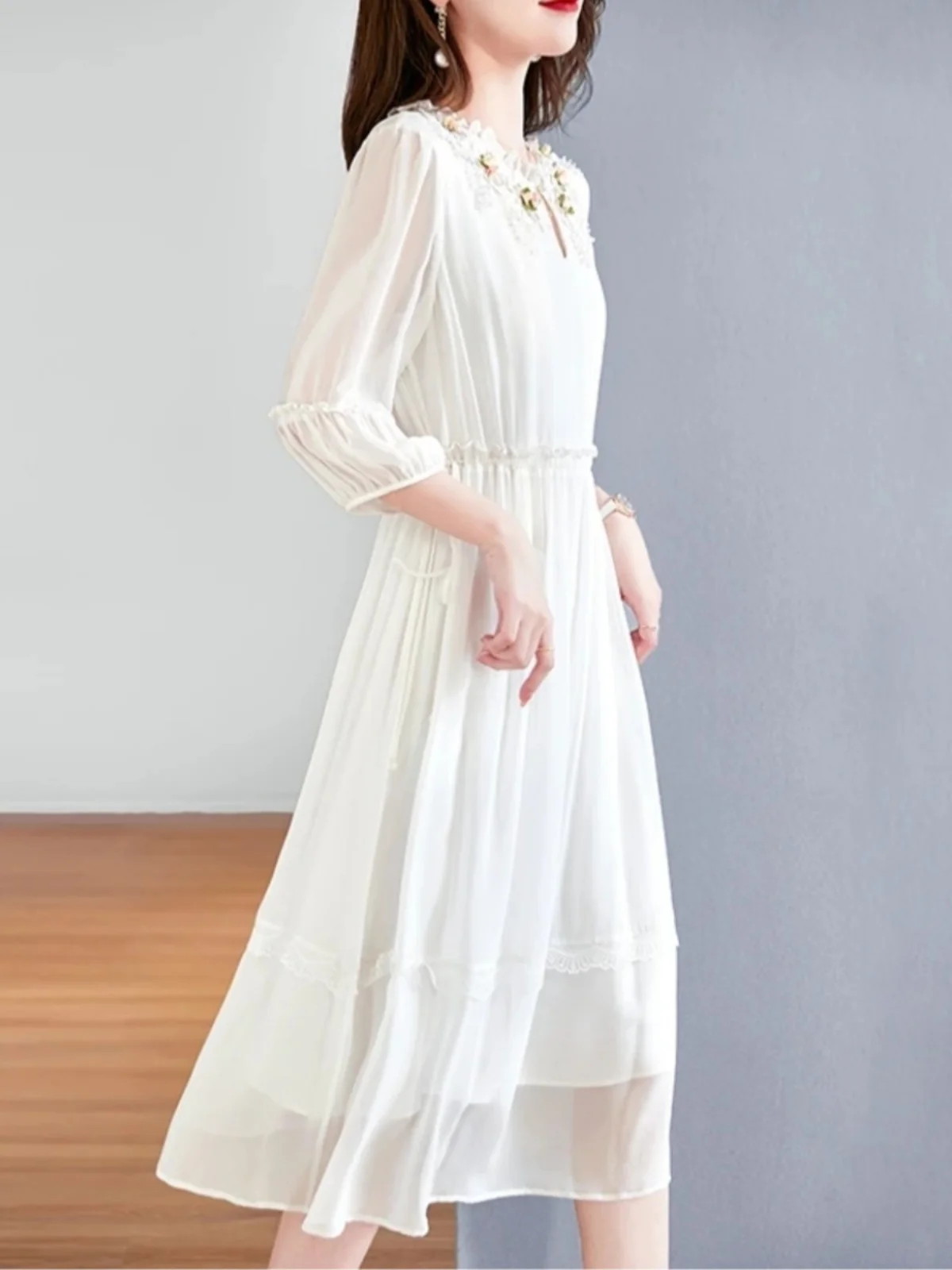 Ele White Silk Dr Damen Summer Faion Mom's Seidenrock Chiffon Material Bell Sve Midi Dr Pure Color