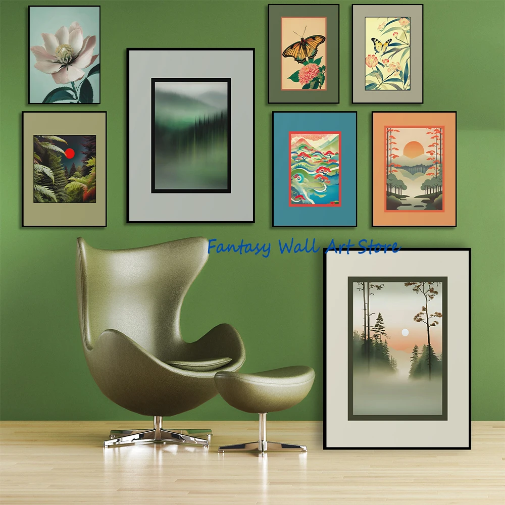 Zen Sunset Japanese Forest Mountain Landscape Botanical Butterfly Poster Japandi Minimalist Zen Wall Art Canvas Printing Decor