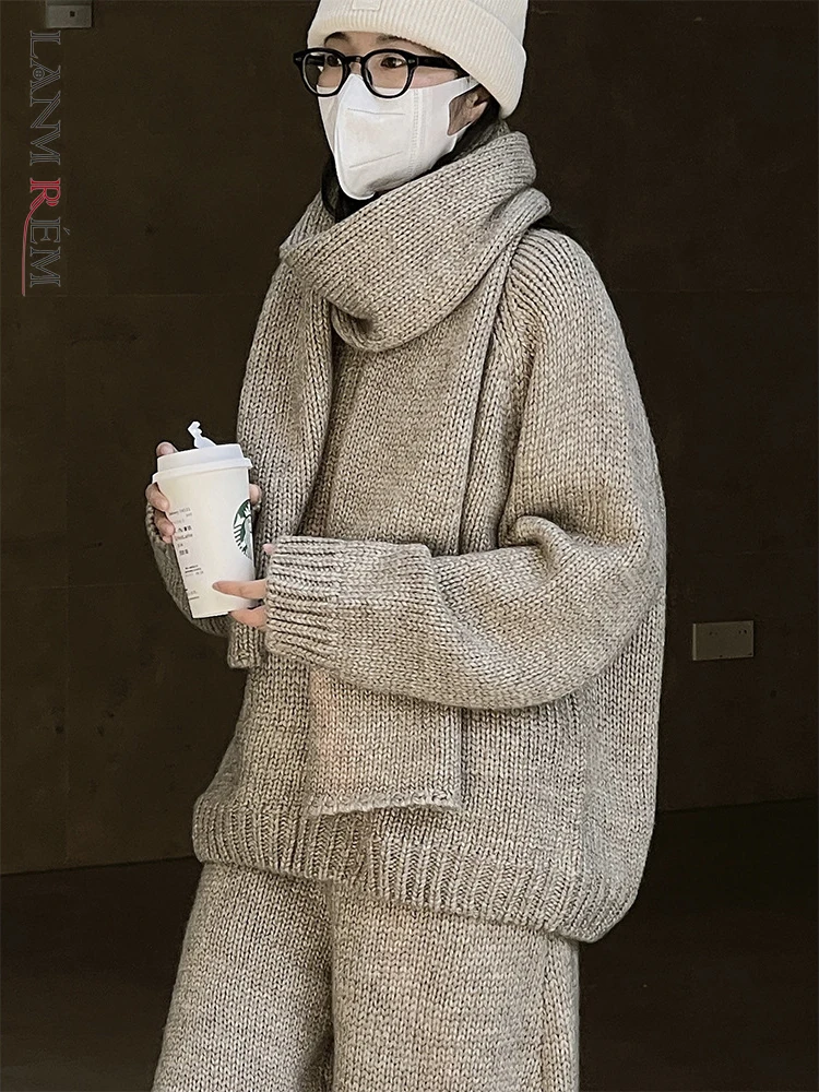 LANMREM Women Knitted Pullover Wool Blend Solid Color Loose Korean Style Female Fashion Thick Sweater 2024 Winter New 2WA141