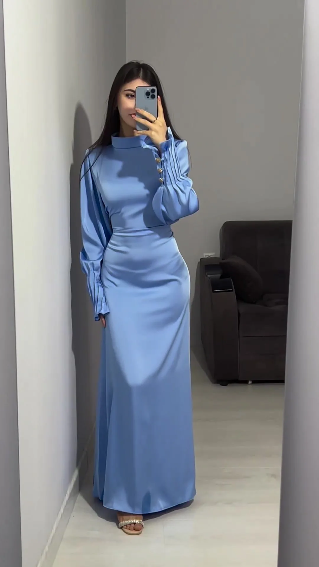 PuTao Prom Dress 2024 New Simple Women Party Dress Fashion Solid Pleated Long Sleeves High Neck Elegant Lady Maxi Dresses