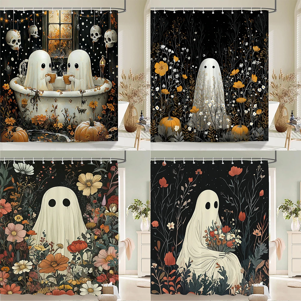 

1PC Halloween Shower Curtain Gothic Cute cartoon ghost All Saints Day flowers Bathroom Curtain Home Vintage decoration curtain